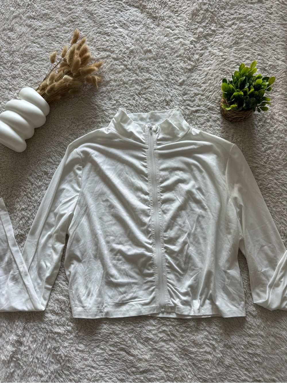 Women’s White Ruched Zip-Up Long Sleeve Top Size XL – New